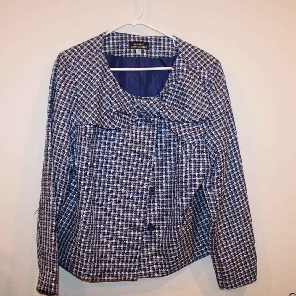 NEW Giorgio Sant’ Angelo blue and white knit bow accent woman’s coat size 18